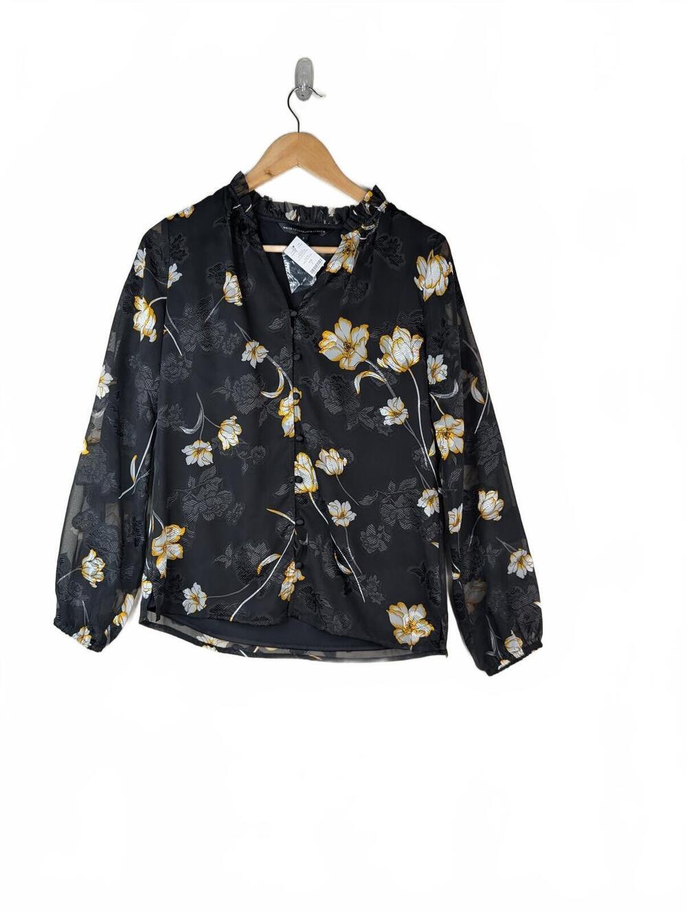 NWT White House Black Market Black Floral Sheer Blouse Size 2